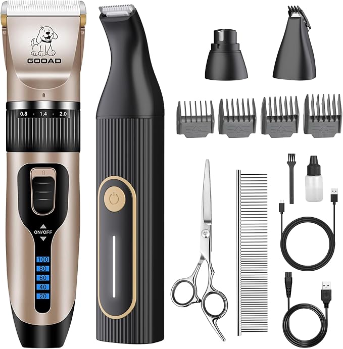 Dog Clippers Grooming Kit and Paw Trimmer for Heavy Thick Hair&Coats | 3-in-1 Clipper+Paw Trimmer+Nail Grinder, <60dB Quiet, Cordless,LED Display, 4 Guide Combs, Detachable Titanium-Ceramic Blade