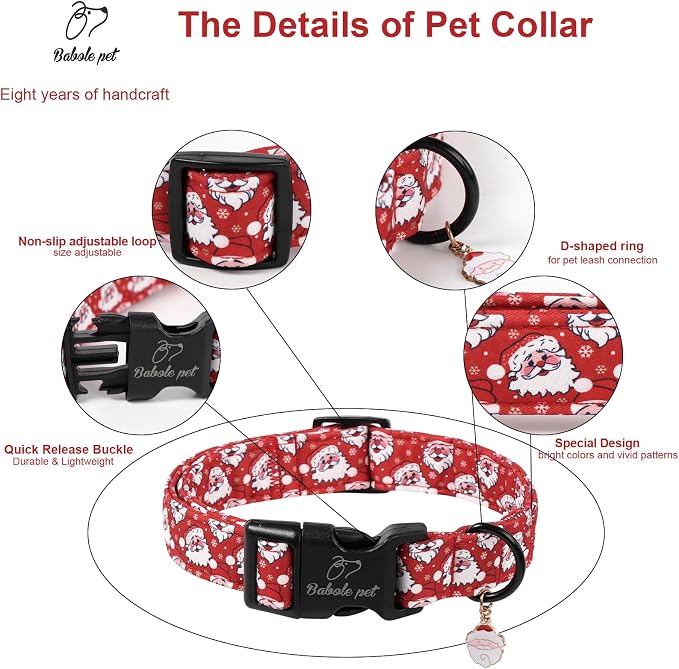 Christmas Dog Collar - Cute Red Santa Christmas Puppy Collar with Safety Buckle, Soft Adjustable Holiday Dog Collars for Small Medium Large Dogs M