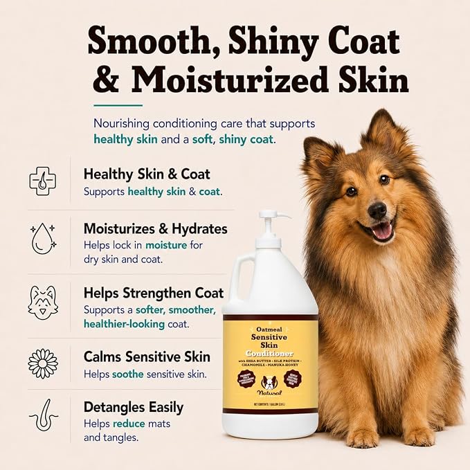 Natural Dog Company Sensitive Skin Dog Conditioner – Oatmeal Moisturizing for Sensitive & Itchy Skin, Detangling Grooming Formula for Long Haired Dogs, with Manuka Honey & Chamimile, 128 oz