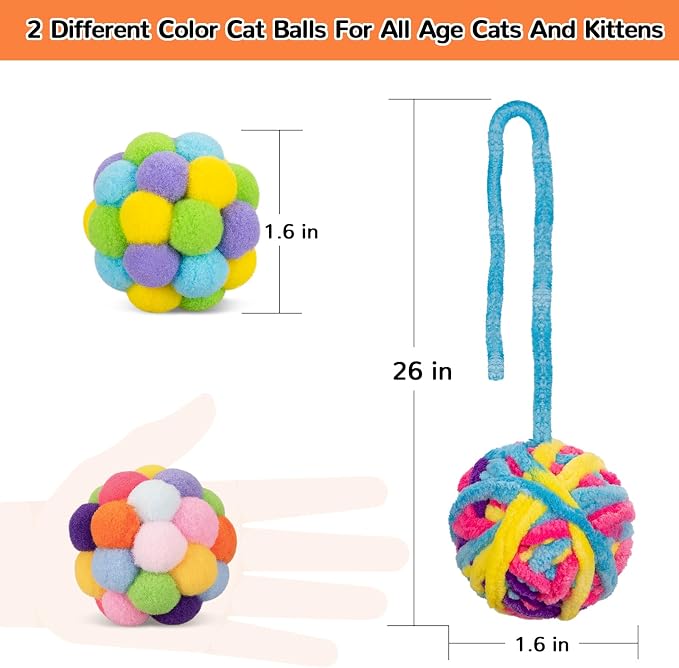 Retro Shaw Cat Toys Balls with Bells Inside, Kitten Toys Pack 6Pcs | Woolen Yarn Cat Balls, Soft Pompom Jingle Ball with String, Interactive Kitty Nip Toys for Indoor Cats