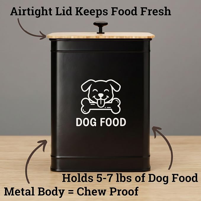 Metal Dog Food Container 5-7lb, 25 Cup w/ Airtight Bamboo Lid, Metal Handle | Pet Jar For Dogs up to 50lbs, Airtight Bamboo Lid, Sturdy Comfortable Metal Handle, Powder Coated Iron, Kibble Storage Bin