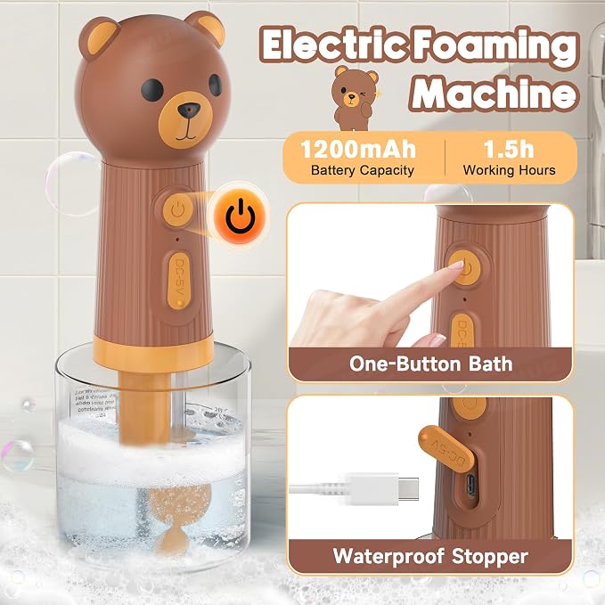 Dog Foam Maker, Rechargeable Pet Bath Foam Dispenser Cartoon Bear 400ml Soap Sprayer with 1200mAh Battery, IPX7 Waterproof Dog Shampoo Frother for Gentle Cleaning, Multi-Use for Home & Outdoor, Brown
