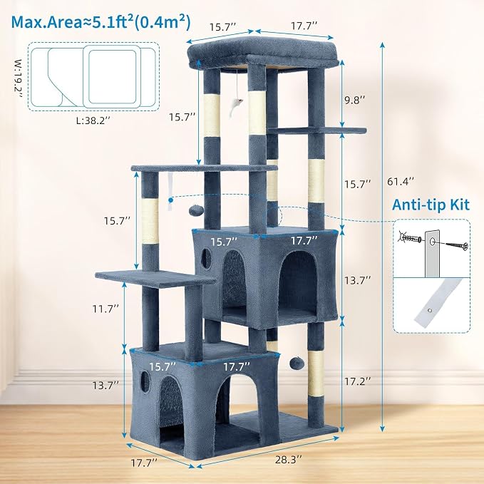 61" Large Cat Tree Tower for Indoor Cats, Heavy-Duty Multi-Level Cat Condo for Maine Coon & Big Cats with Extra-Large Perch, 2 Spacious Houses, Sisal Scratching Posts & Hanging Toys - Light Blue