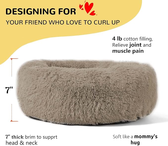 HACHIKITTY Calming Donut Cuddler Dog Bed, Round Fluffy Pet Bed with Sewn-in Cushion for Large Dogs,Washable, Taupe, XLarge 36''