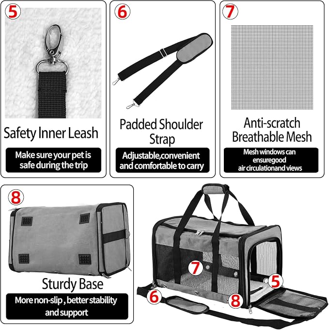 Soft Sided Cat/Dog Carrier,Collapsible Pets Travel Carriers for Pet/Puppy with Shoulder Strap & Removable Mat,Mesh Top Load Small Dogs/Cats Carry Bag Up to 17 Lbs TSA Airline Approved（Grey,M）
