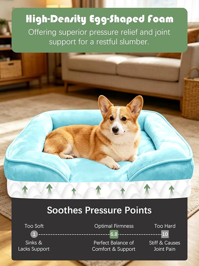 Spotted Play Orthopedic Dog Bed with Sides - Sofa Beds for Medium Dogs, Supportive Foam Pet Couch Bed with Washable Removable Cover, Waterproof Lining and Non-Slip Bottom, Ice Blue - M