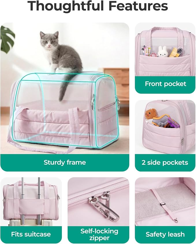BAGSMART Cat Carrier: Soft-Sided Pet Carrier for Small Medium Cats Dogs Puppy Quilted Collapsible Puffy Travel Bag Up to 25 Lbs Black