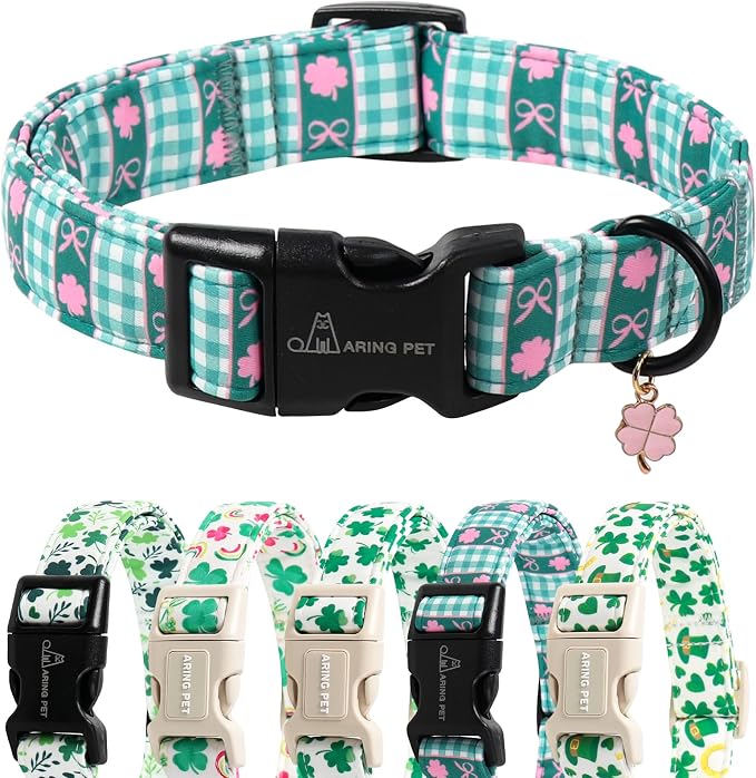 ARING PET St Patrick's Day Dog Collar, Cute Green Clover Shamrock Grid Puppy Pet Collars for Small Medium Large Boy Girl Dogs-L