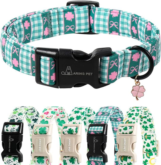 ARING PET St Patrick's Day Dog Collar, Cute Green Clover Shamrock Grid Puppy Pet Collars for Small Medium Large Boy Girl Dogs-M