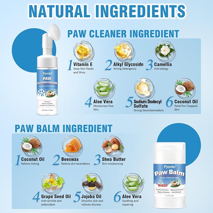Pjordo Dog Paw Cleaner Kit, No-Rinse Foaming Cleanser for Dogs and Cats, Dog Paw Balm for Heal Dry Cracked Paws & Nose, Pet Foot Washer Paw Scrubber for Large Medium Small XL Breed Dogs