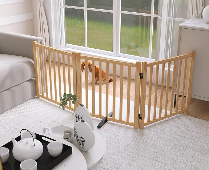 YOCAN Non-Painted Wooden Freestanding Dog Gates for The House,Doorways, Stairs,Wood Dog Fences Indoor Pet Gate,Step Over Fence-3 Panels L:69" H:23"