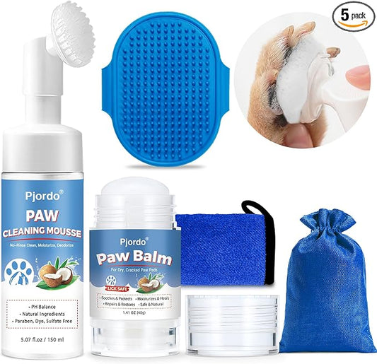 Pjordo Dog Paw Cleaner Kit, No-Rinse Foaming Cleanser for Dogs and Cats, Dog Paw Balm for Heal Dry Cracked Paws & Nose, Pet Foot Washer Paw Scrubber for Large Medium Small XL Breed Dogs