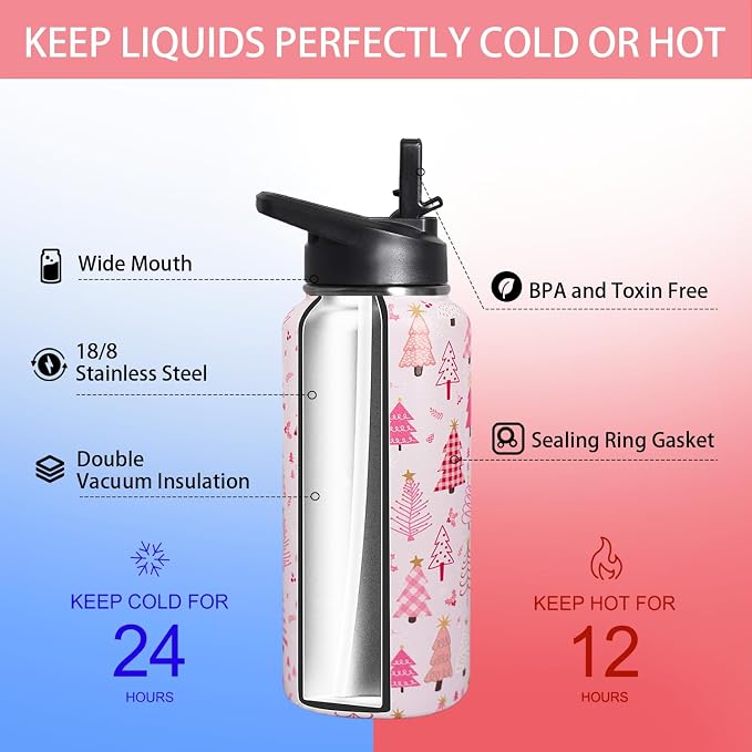 32oz Christmas Tree Insulated Aater Water Bottle with Straw,Pink Gym Hiking Sports Coffee Mug Cup Water Bottles,Christmas Gifts for Women,Christmas Decor Stuff Accessories