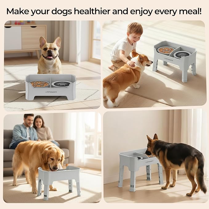 URPOWER Mess Proof Elevated Dog Bowls 4 Height Adjustable Raised Stand with No Spill Water Bowl and Slow Feeder Dog Bowls Non-Slip Food and Water Bowl Set for Small, Medium & Large Dogs
