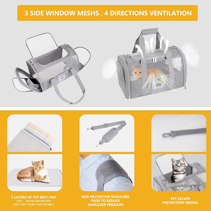 Cat Carrier Pet Dog Carrier Airline Approved for Puppy Cat Carrier Under 15 lbs, Collapsible Soft Sided Airline Approved Cat Carriers, Grey