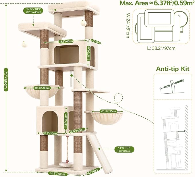 Globlazer 75in Tall Cat Tree Tower for Indoor Cats, F75B, Light Grey | Large Cat Tree for Indoor Cats Large Adult, Multi-Level Cat Tower with 7 Scratching Posts, 2 Cat Condos, 2 Top Perches