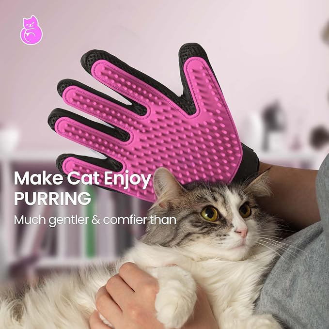 Pet Hair Removal Glove with 255 Silicone Tips for Dogs & Cats, 1 Pair Pink | 2-in-1 Deshedding & Massage Mitt, 5-Finger Flexible Design, for Bathing & Grooming, Safe for Long/Short/Curly Hair Pets