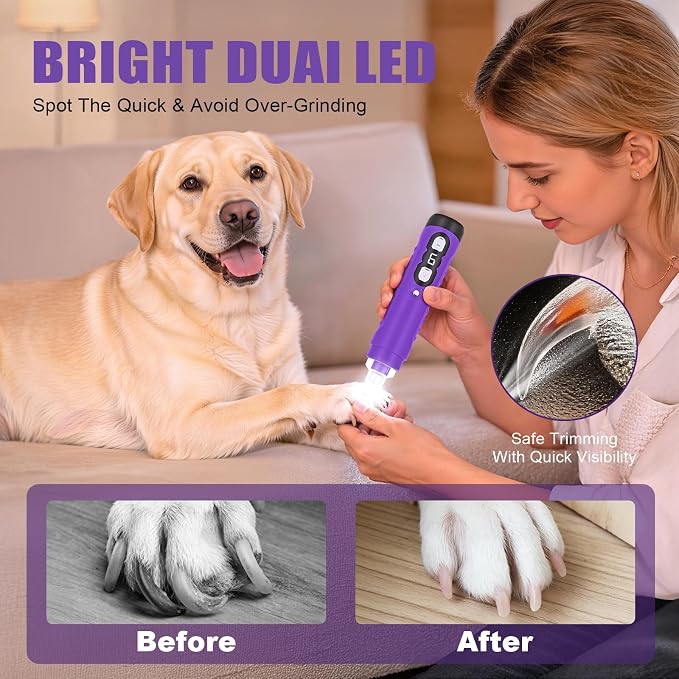 Quiet Dog Nail Grinder Clippers, 9-Speed Pet Nail Trimmer with LED | Low noise, Safety sensor guard, 2 LED lights, USB rechargeable, Professional grooming, Sensitive paws, Dogs cats all breeds