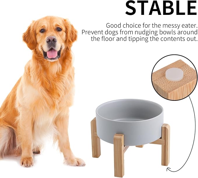Grey Raised/Elevated Ceramic Dog Bowl for Small Medium Sized Breeds,Dog Food Water Bowl with Stand,6 in Non Slip Heavy Pet Feeding Dish 3.6 Cups/ 850 ml /28 OZ
