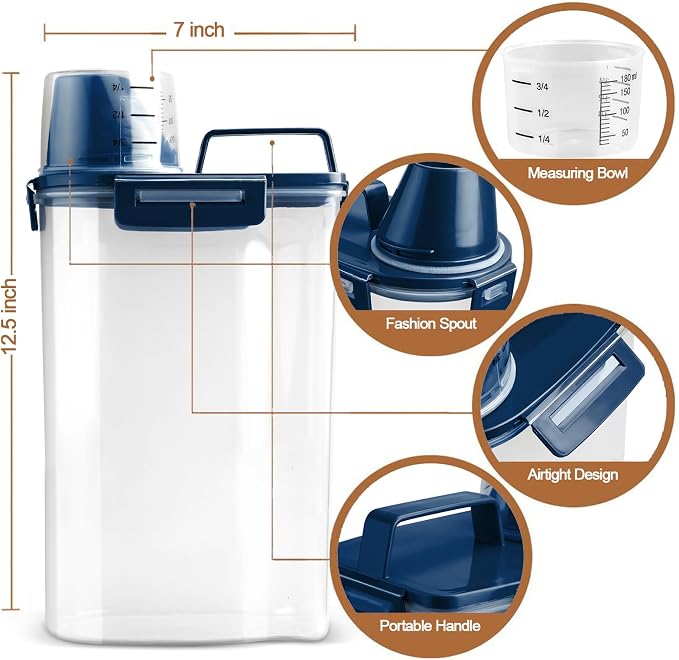 TIOVERY Upgraded Dog Food Storage Container Small, Cat Food Container Airtight, Pet Food Container Dispenser with Pour Spout, Measuring Cup and 4 Seal Buckles for Dogs, Cats, Birds (Blue)