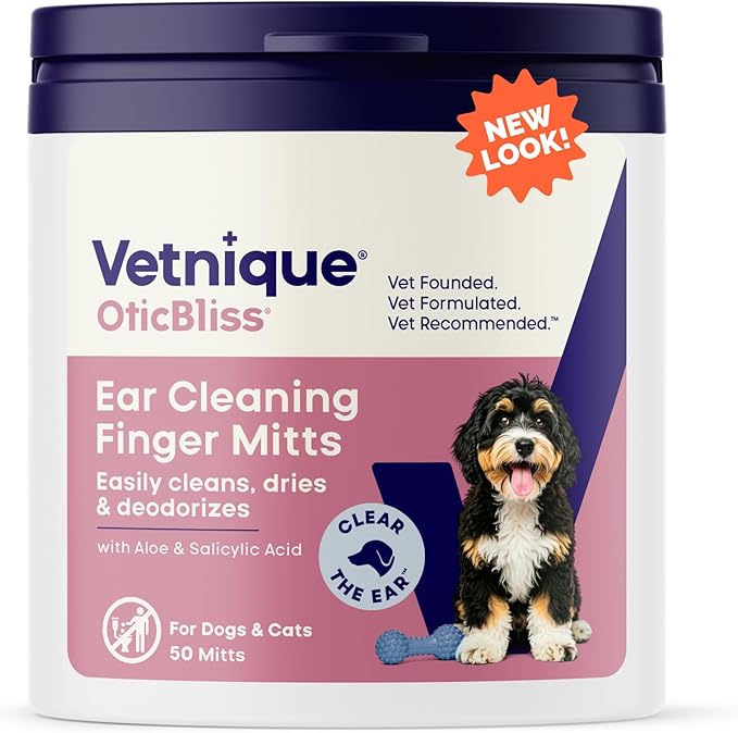 Vetnique Oticbliss Dog & Cat Ear Wipes, Finger Mitt Ear Cleaner for Odor | Dual-Sided Finger Mitt Ear Cleaning & Grooming Wipes With Salicylic Acid & Aloe Vera, Remove Wax, Dirt & Odor, Cat-Safe