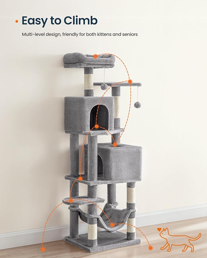 SONGMICS HOME Cat Tree for Indoor Cats, Multi-Level Cat Tower with Sisal Scratching Posts, Hammock and Condo, Light Gray