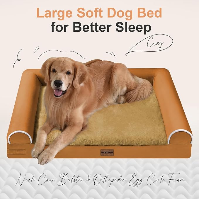 NANUYA Orthopedic Dog Bed for XX-Large Dogs, 44 x 34 Inch, Orange | Egg crate foam for joint support, 3-sided bolster pet sofa, waterproof lining, washable cover, and non-skid base