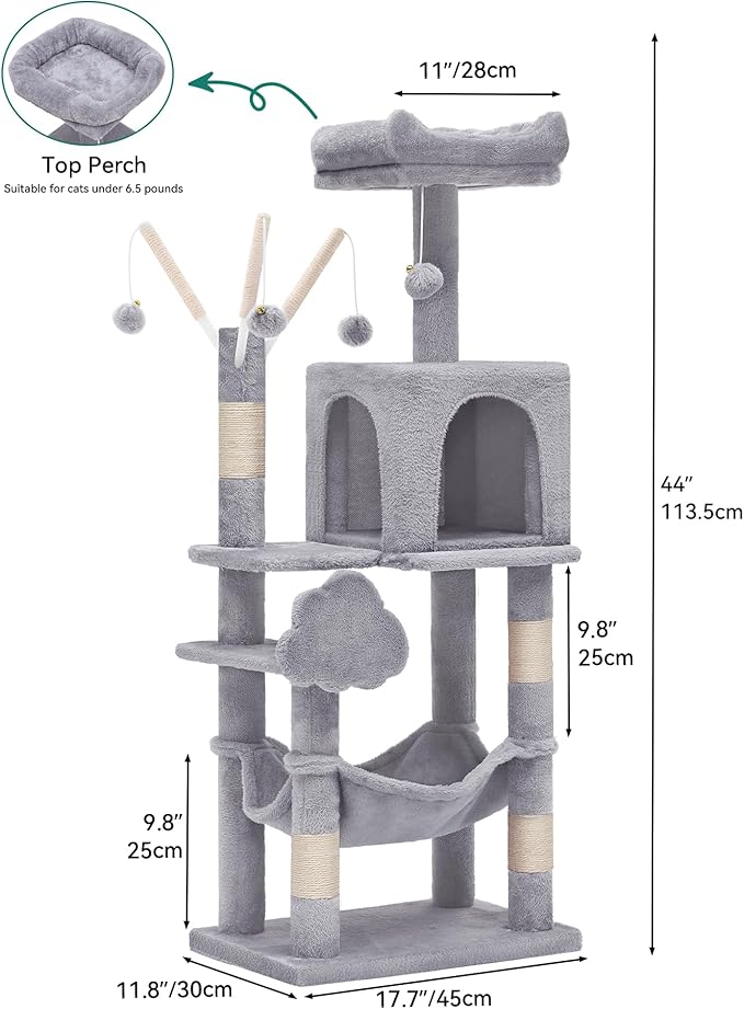 YITAHOME 44 inch Multi-Level Cat Tree for Indoor Cat | Cat Furniture with Scratch Posts, Window Padded Plush Perch, Comfortable Hammock, and Interactive Pompoms