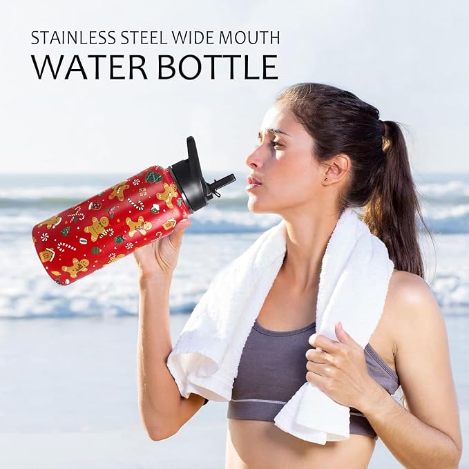 32oz Christmas Gingerbread Insulated Aater Water Bottle with Straw Gym Hiking Sports Coffee Mug Cup Water Bottles,Christmas Gifts for Women,Christmas Decor Stuff Accessories