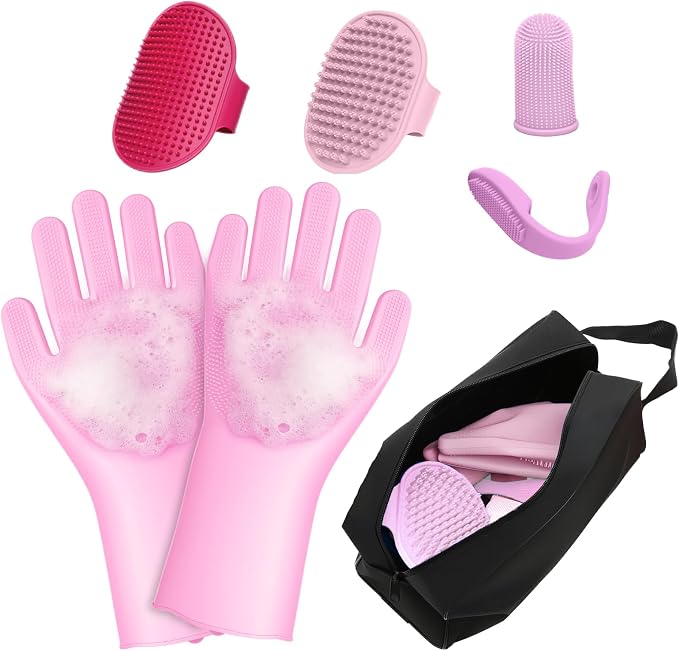 7 PCS Pet Grooming Kit for Dogs and Cats | Dog Washing Gloves | Dog Bath Brush | Cleanroom Gloves | Dog Shampoo Brush | Finger Toothbrushes | Storage Bag | All-in-One Pet Care (Pink)