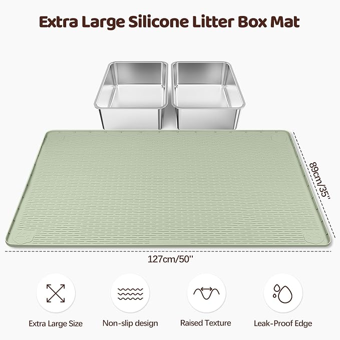 Silicone Cat Litter Mat for Litter Box 50”x35” Large Cat Mat, Green | Waterproof, Non-Slip, Leak-Proof Rug Mat with Lip, Easy to Clean, Extra Large Litter Catcher Mat for Floor