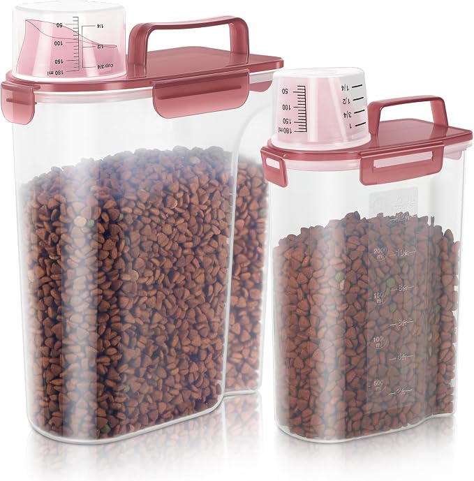 LEAWALK 2Pack Cat Dog Food Storage Container Upgraded Large Nozzle BPA-free, 3+5lbs Plastic Pet Food Containers, With 4 Sealed Clasps/1 Measuring Cup/Handle Easy Clean and Carry (Clear Pink)