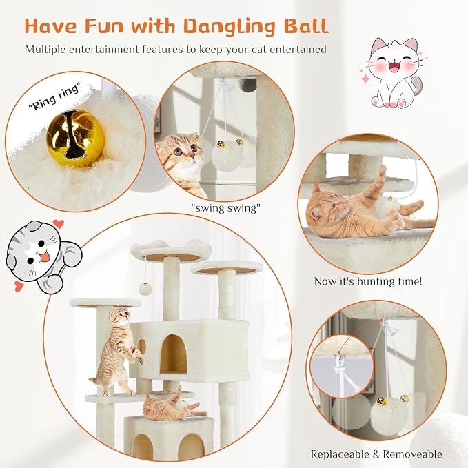 Sweetcrispy 54-inch Cat Tree Tower with Scratching Posts, Indoor Use | Multi-Level Indoor Cat Tree Condo with Climbing Ladder, Plush Toy, Play House for Kitten, Beige