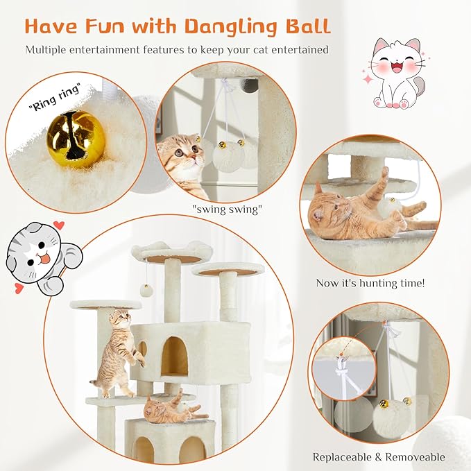 Cat Tree Tower for Indoor Cats, 54 Inches Multi-Level Activity Cat Tree with Sisal Scratching Posts Cat Play House Large Kitten Condo Funny Toys Climbing Ladder, Beige,Premium