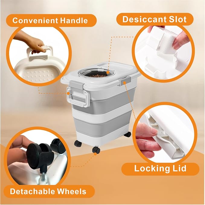 24-28 Lbs Airtight Collapsible Dog Food Storage Container with Wheels & Scoop – Foldable Pet Food Storage Bin for Dog & Cat Food, Animal Food Storage, Dog Supplies Storage Container