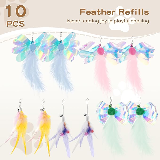 Pawaboo Feather Teaser Cat Toy, Interactive Feather Wands Cats Toy Flying Feathers Cat Catcher with Extra Long 34.5" Wand and Small Bell, Exerciser Playing Toys, 1 Wand + 10 Feathers, Multicolored
