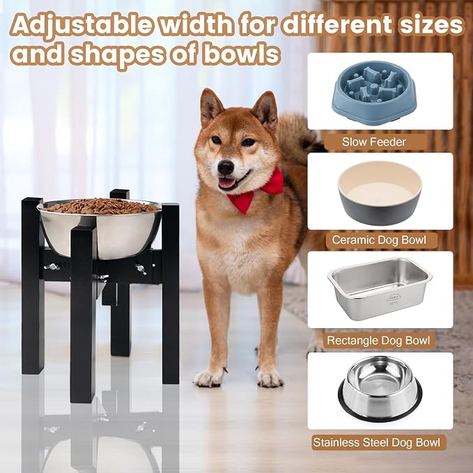 Elevated Dog Bowl Stand Adjustable Dog Food Holder 10”H Medium Black | 10” Elevated Dog Bowl Stand, Medium Dogs, Adjustable, Fits 7”-10” Bowls, Single Bowl Holder, Natural Bamboo, Classic Black