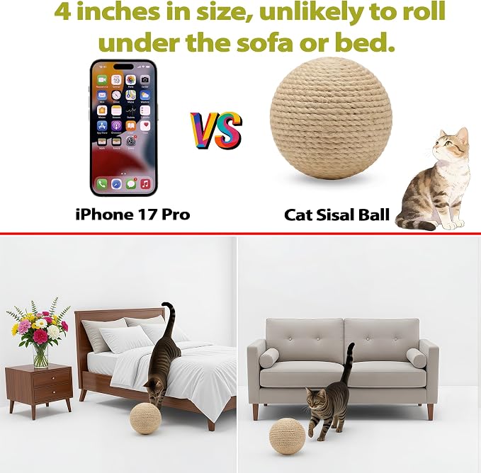 4-Inch Sisal Cat Toy Balls with Crinkle Sound | Indoor Cat Toys for Teething, Claw Sharpening & Play | Large Size Prevents Rolling Under Furniture (Natural)