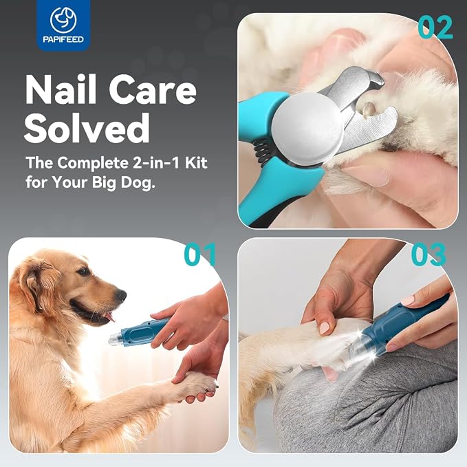 PAPIFFEED Pet Nail Grinder with Nail Clipper Kit, 6 Speed Adjustable Dog Nail Trimmer with LED Light, Rechargeable Pet Nail File with Dust Proof & Type-C Charging (Blue Set)