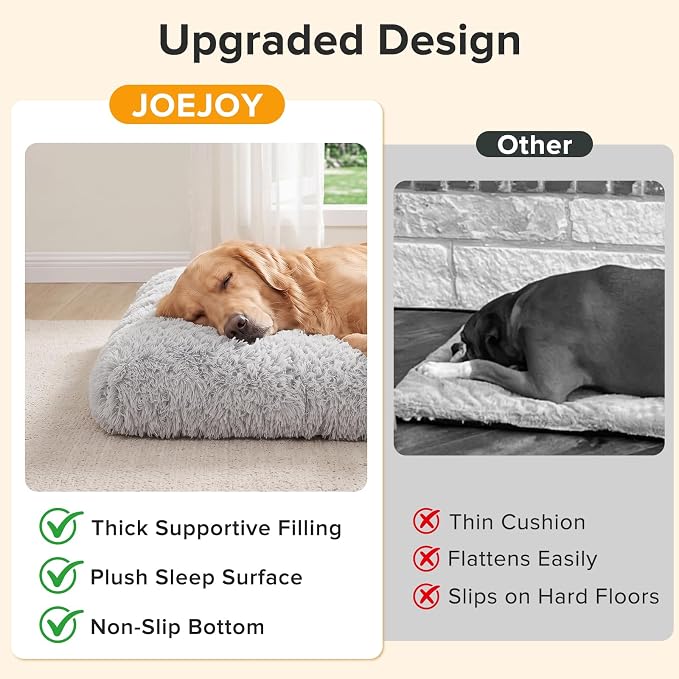 JOEJOY Large Dog Bed Crate Pad, Deluxe Plush Washable Dog Beds Fulffy Soft Kennel Pad Anti-Slip Pet Sleeping Mat for Large Medium Small Dogs, 35" x 23", Grey
