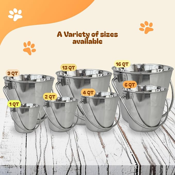 Advance Pet Products 2 Quart Heavy Duty Stainless Steel Flat Side Bucket | Durable Food & Water Pail for Dogs, Cats, Kennels, Cages and Critter Crates | Multi-Purpose Bucket