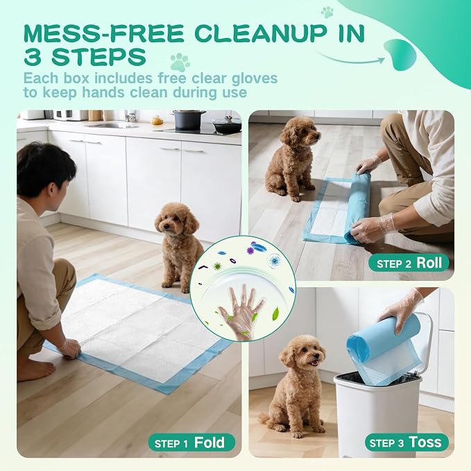 23inx35in Diaper Pee Pads for Dogs, Extra Large Disposable Training Pads 40 pc Plus 100pcs Gloves,Quick-Odor Control Training Pee Pads with 6-Layer Super Absorbency Leak-Proof Design