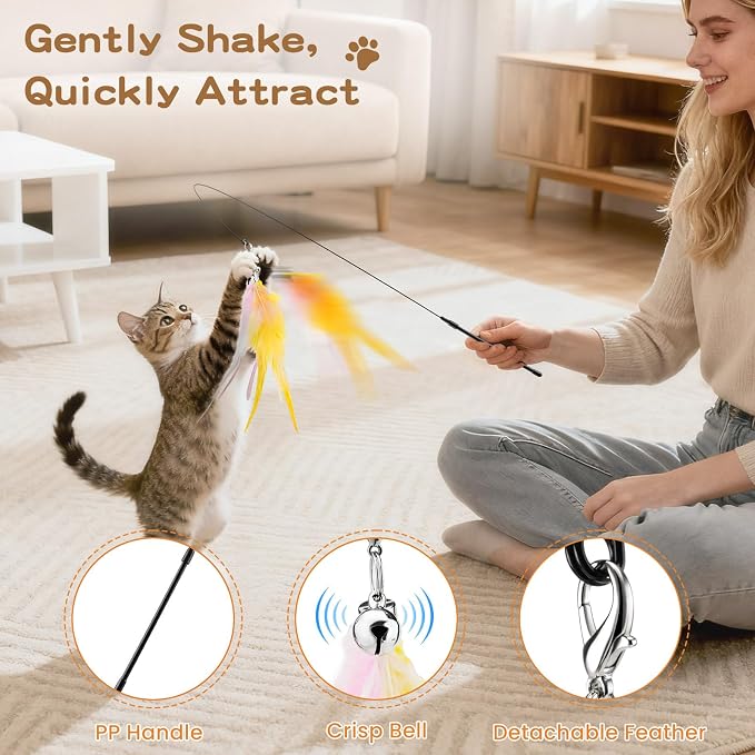 Pawaboo Feather Teaser Cat Toy, Interactive Feather Wands Cats Toy Flying Feathers Cat Catcher with Extra Long 34.5" Wand and Small Bell, Exerciser Playing Toys, 1 Wand + 6 Feathers, Colorful