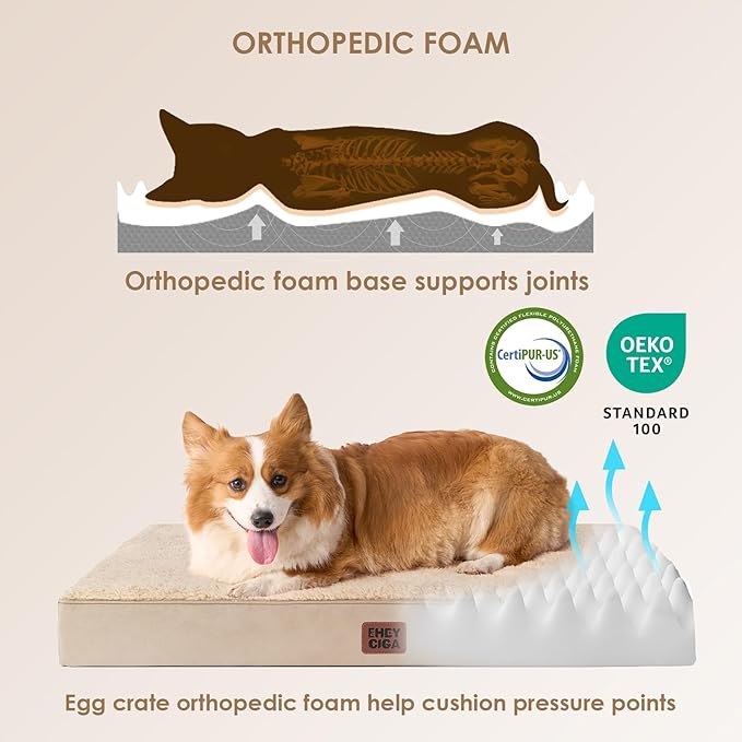 EHEYCIGA Orthopedic Dog Bed Large with Removable Washable Cover, 41IN Khaki | Egg Crate Foam Support, Durable Oxford fabric, Non-Slip Bottom, Machine Washable, Soft Waterproof Plush Pet Bed Mat For Crate