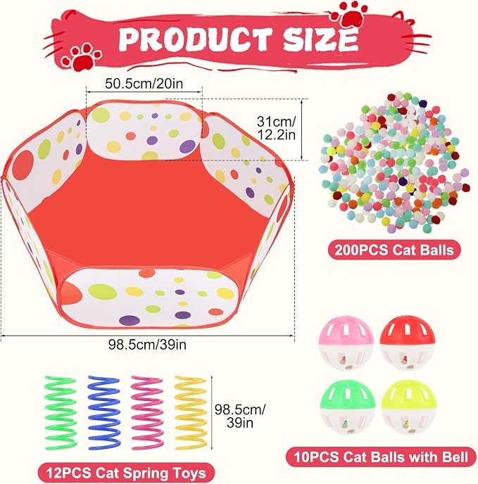Cat Ball Pit Include 200 Pom Pom Balls 10 Jingle Balls and 12 PCS Cat Spring Toy for Indoor Bored Self Play Enrichment Toy for Indoor Cats Interactive Fun and Exercise