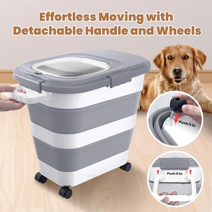 23-25Lbs Airtight Dog Food Storage Container,Collapsible Dog Food Container | Large Pet Food Storage Container with Lid,Wheels,Handle,Scoop,Small Cat Food Container for Dog Cat