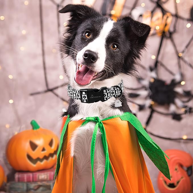 ARING PET Halloween Dog Collar, Ghost Flower Pet Collars for Small Medium Large Girl Boy Dogs Puppy Collar with Quick Release Buckle-Black White L Size