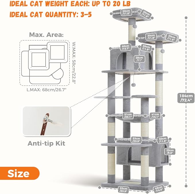 PAWZ Road 72" Cat Tree, Tall Cat Tower with Hammock& Condos for Large Cats | 20"x16" hammock for adult cats, cat tower with 7 scratching posts&pad, dual top perch and large condo for big cats