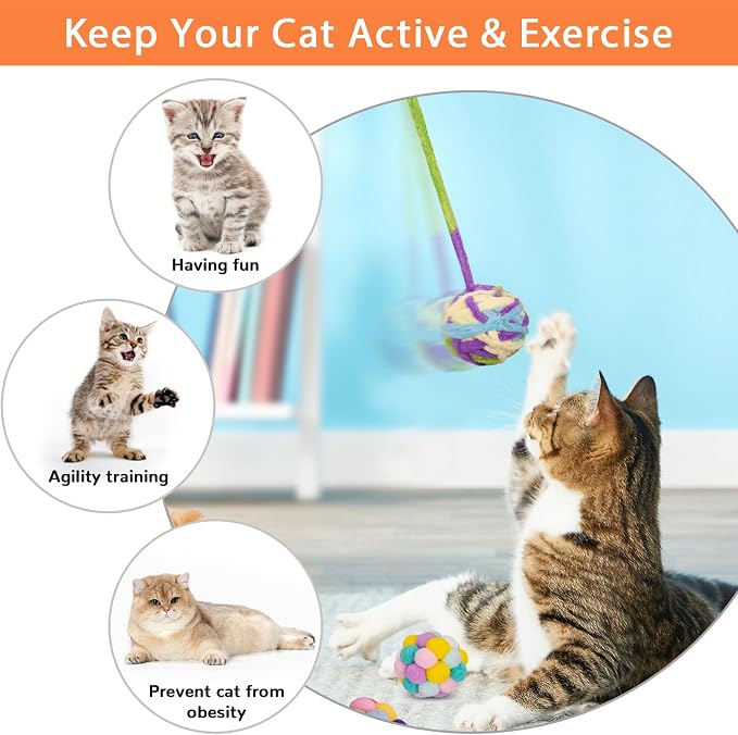 Retro Shaw Cat Toys Balls with Bells Inside, Kitten Toys Pack 6Pcs | Woolen Yarn Cat Balls, Soft Pompom Jingle Ball with String, Interactive Kitty Nip Toys for Indoor Cats