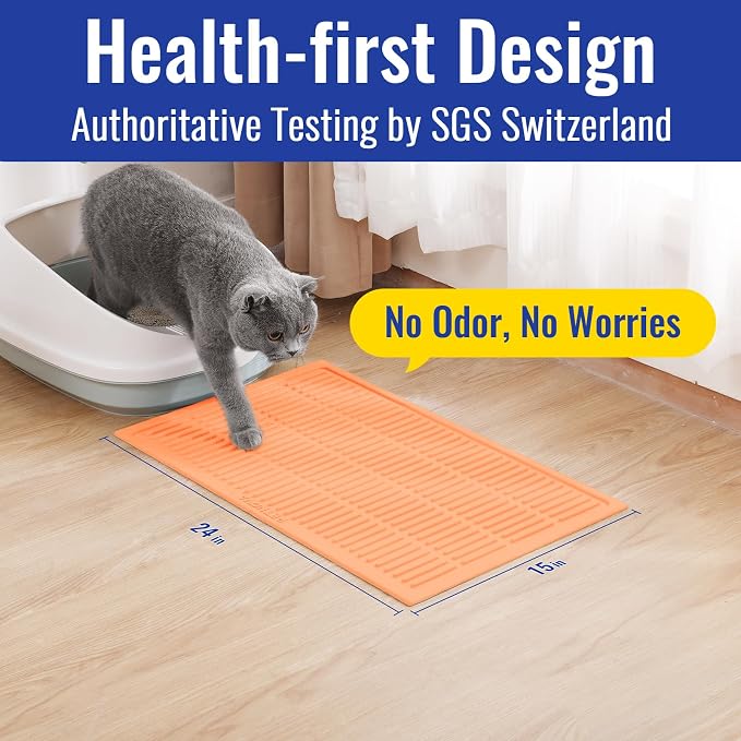Easy Clean Litter Mat: 24" X 15" Silicone Groove Design Litter Trapping Mat Easy to Vacuum & Rinse - Waterproof Urineproof Surface for Floor - Non-Slip Backing for Kittens (Peach Pink)
